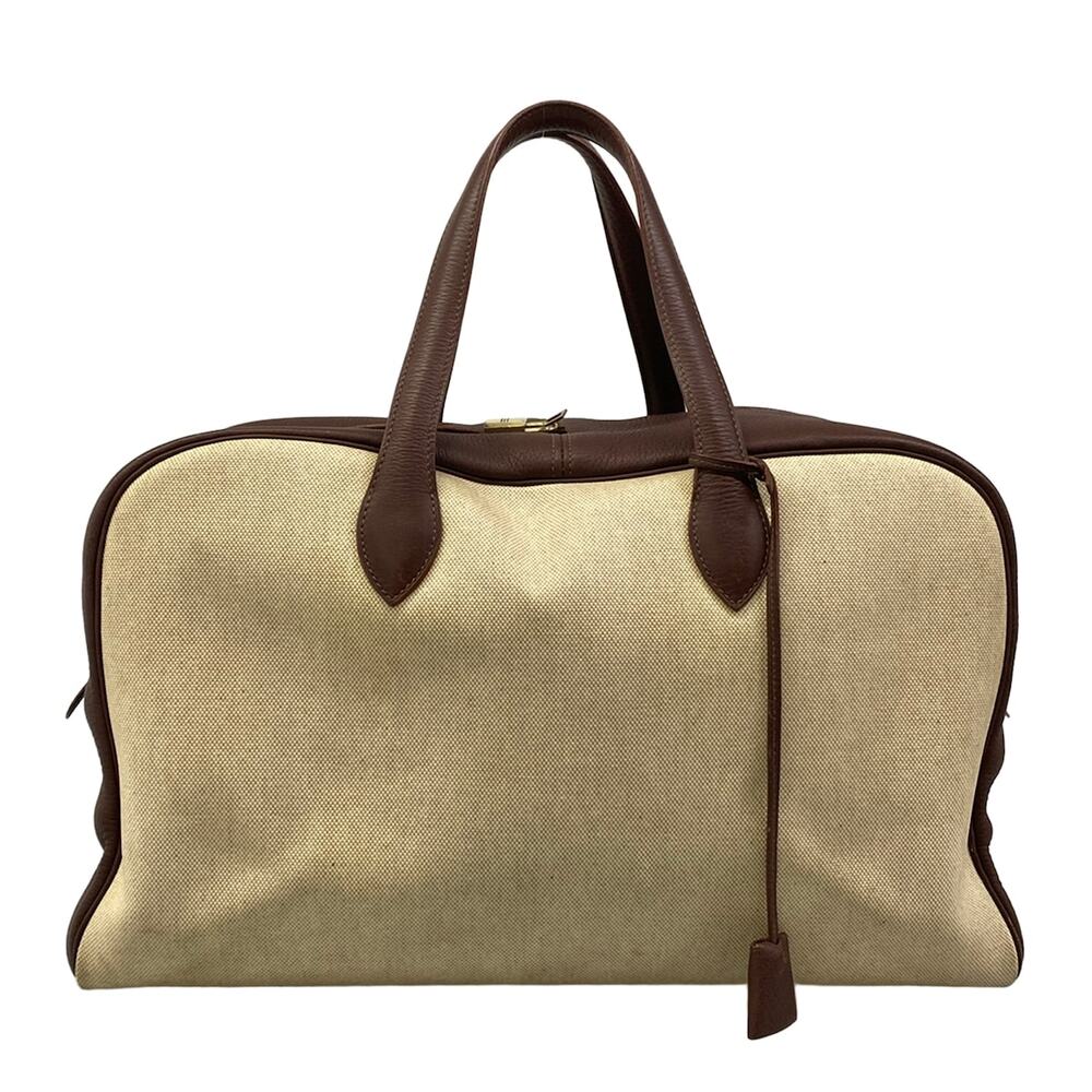 Hermès Victoria 43 Handbag Beige Dark Brown Toile H Taurillon Clemence